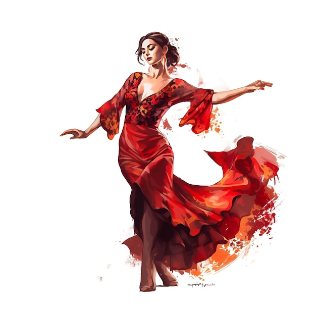 A woman in a red dress is dancing flamenco.