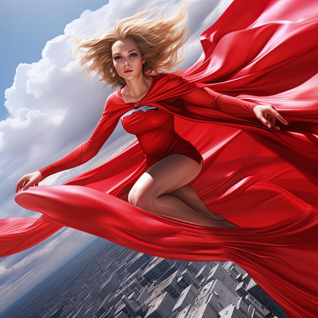 Photo a woman in a red dress is flying in the air with a red cape