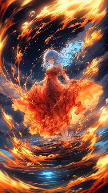 Photo a woman in a red dress is flying in flames