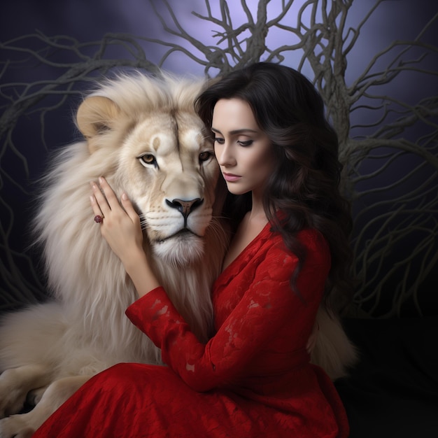 a woman in a red dress is hugging a lion