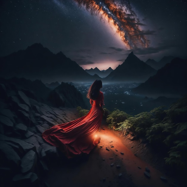 A woman in a red dress is looking at a glowing object with a dark background and the night sky