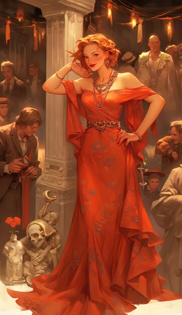 Photo a woman in a red dress is posing with a skull on her shoulder