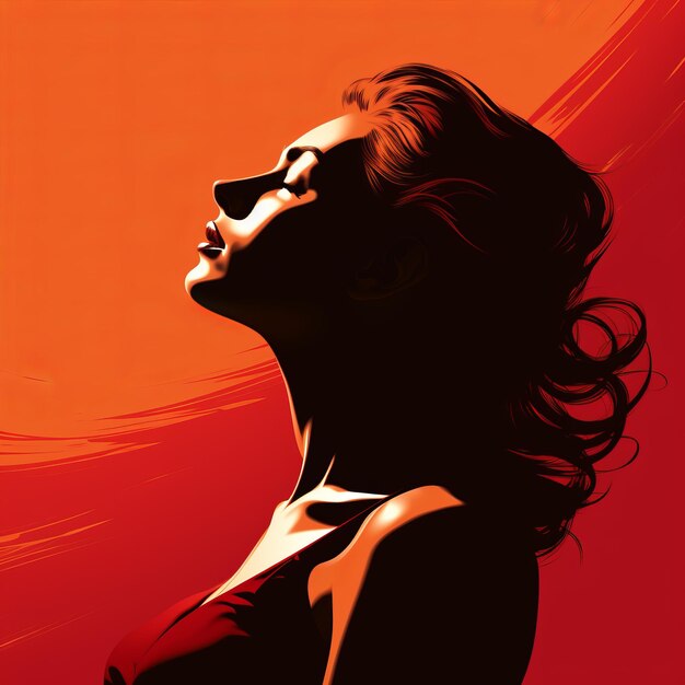 A woman in a red dress is silhouetted against an orange background