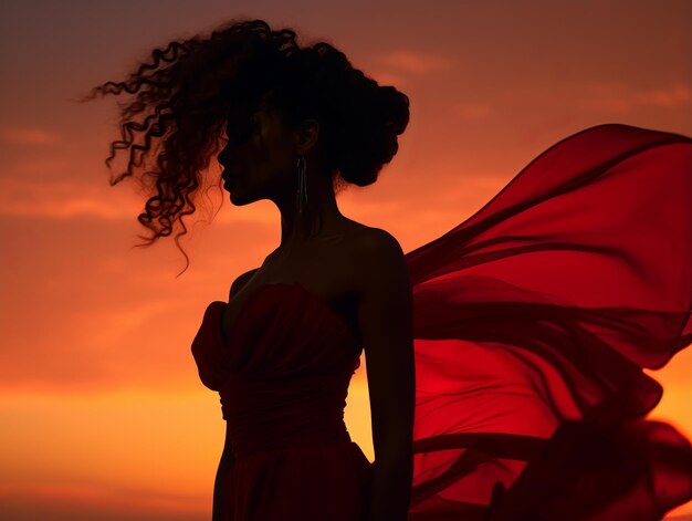 A woman in a red dress is silhouetted against a sunset