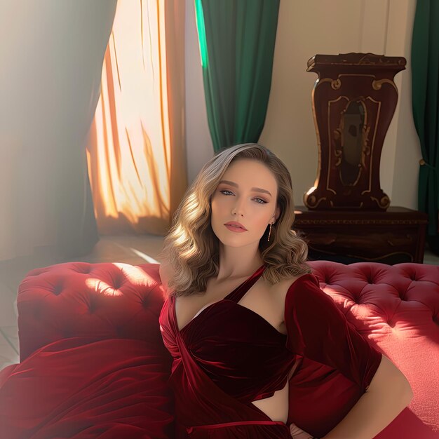 Photo a woman in a red dress is sitting on a red bed