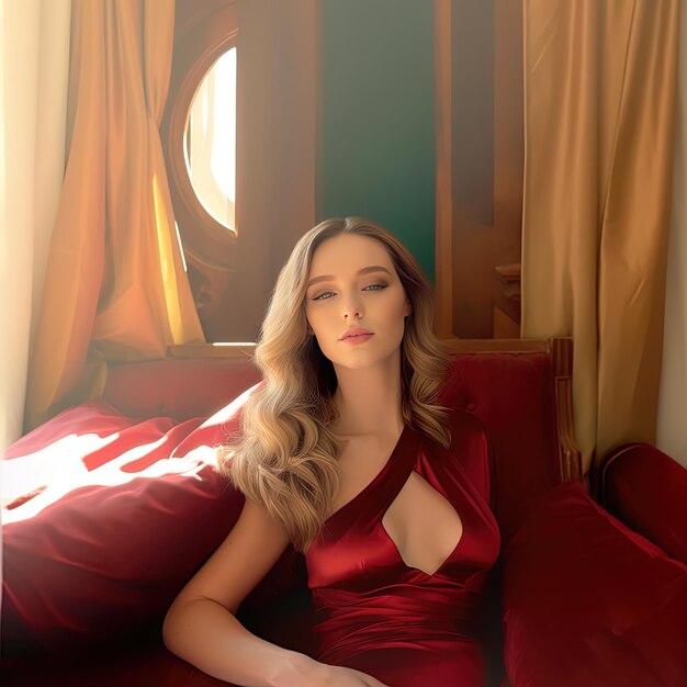 Photo a woman in a red dress is sitting on a red pillow