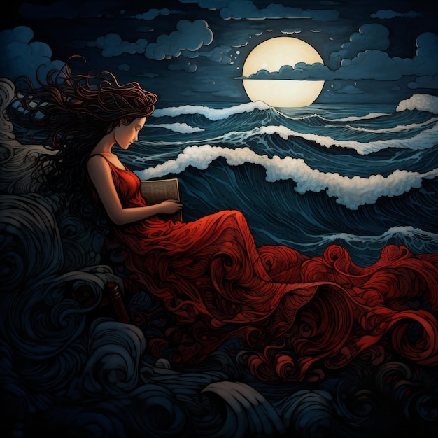 a woman in a red dress is sitting on a rock by the ocean with the moon in the background