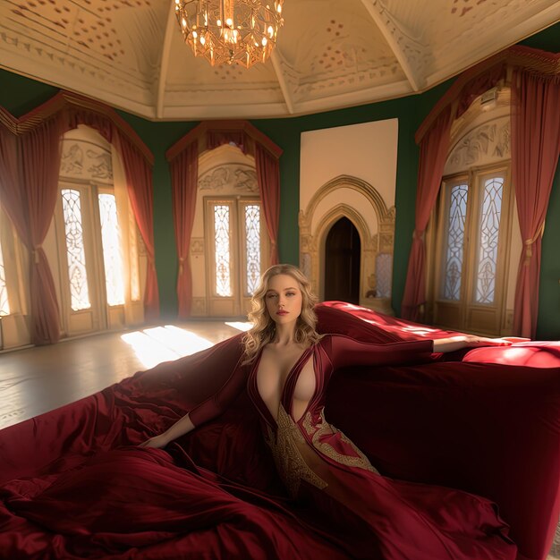 Photo a woman in a red dress is sitting in a room with a red cloth draped over her head