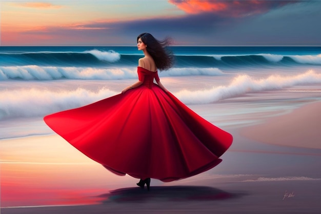 A woman in a red dress is standing on the beach and the ocean is in the background.