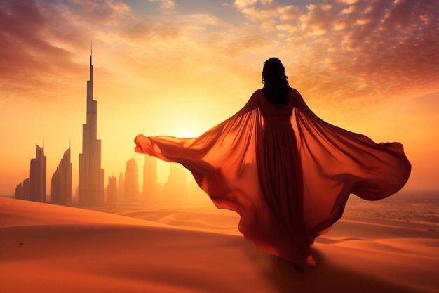 Photo a woman in a red dress is standing in the desert with the city in the background