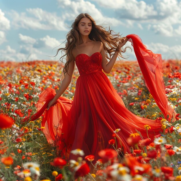 a woman in a red dress is standing in a field of flowers