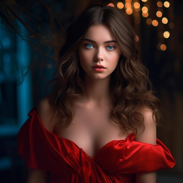 a woman in a red dress is standing in front of a christmas tree