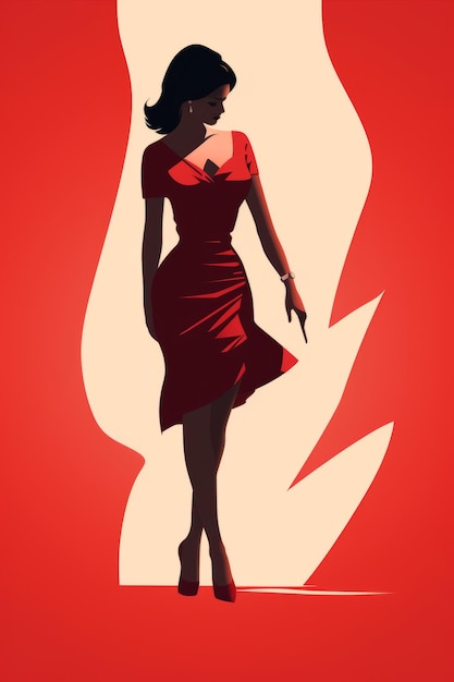 a woman in a red dress is standing in front of a fire