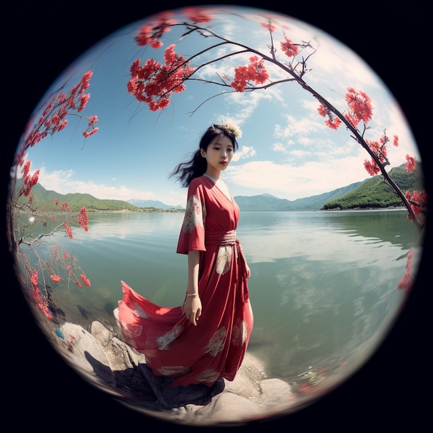 a woman in a red dress is standing in front of a lake with a tree branch in the background.