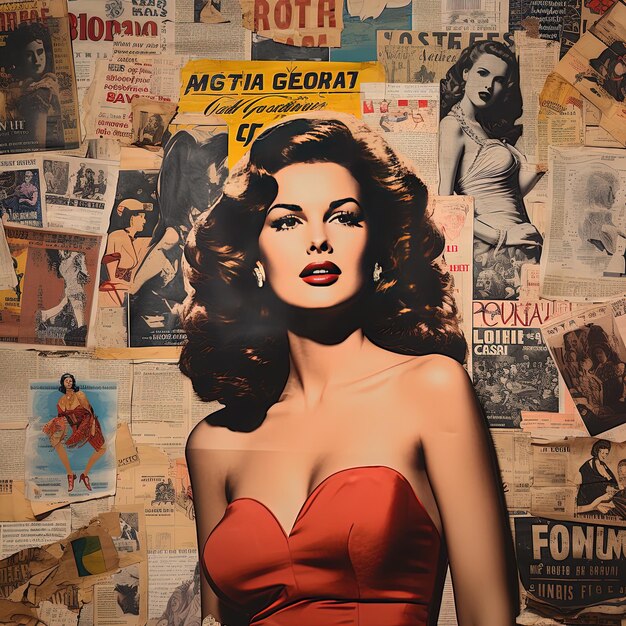 a woman in a red dress is standing in front of a wall covered with many posters