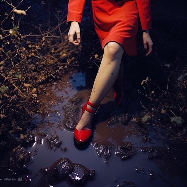 a woman in a red dress is standing in a puddle of water