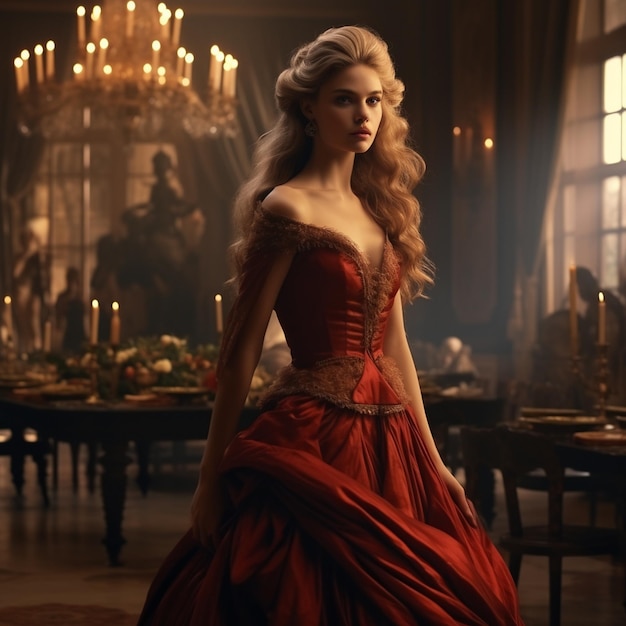 a woman in a red dress is standing in a room with a chandelier in the background.