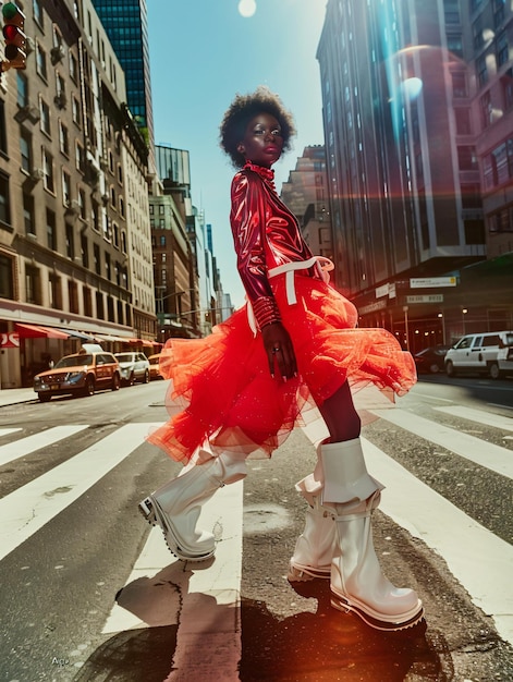 Foto una donna con un vestito rosso è in piedi in strada