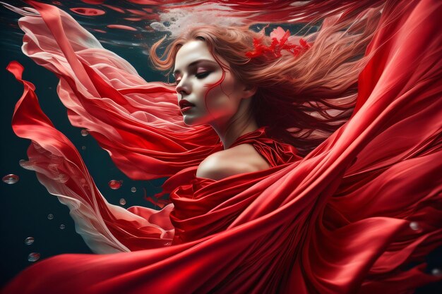 Photo a woman in a red dress is surrounded by water.