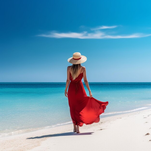 A woman in a red dress is walking on the beach