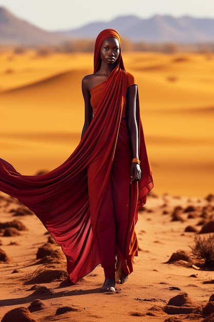 A woman in a red dress is walking in the desert generative ai image