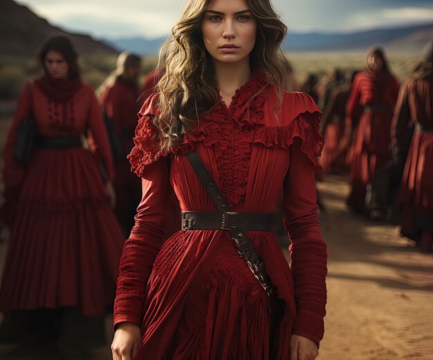 a woman in a red dress is walking in a desert