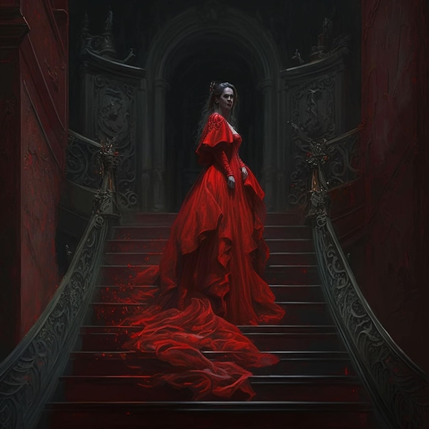 A woman in a red dress is walking down the stairs with a staircase in the background.