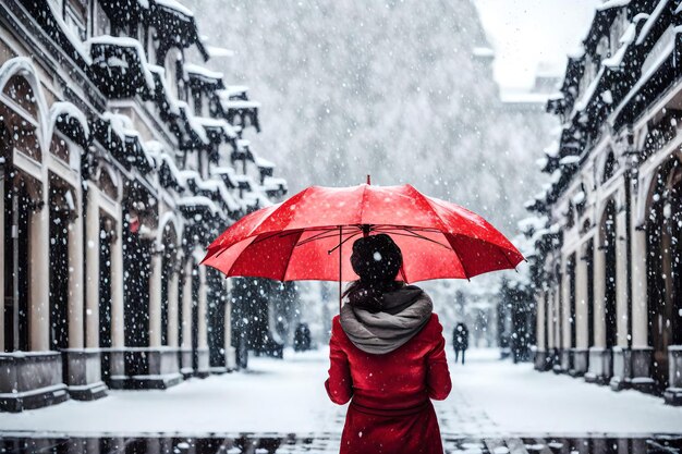 a woman in a red dress is walking in the snow with an umbrella