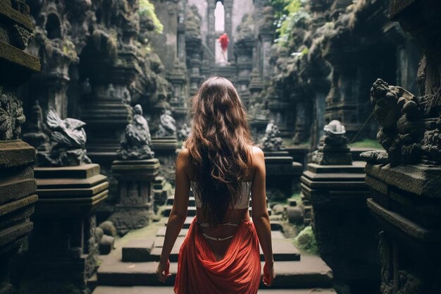 Photo a woman in a red dress is walking through a temple