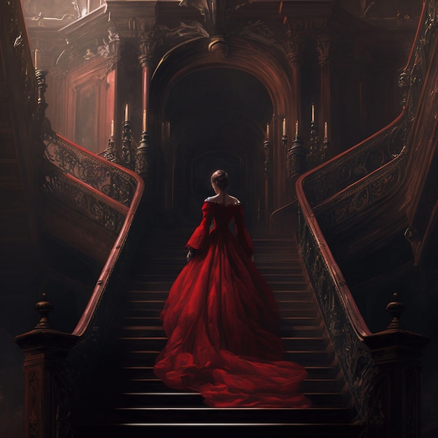 A woman in a red dress is walking up a set of stairs.