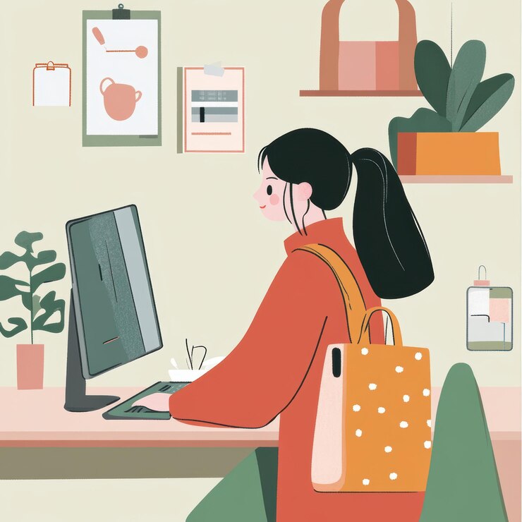 Photo 赤いドレスを着た女性がコンピューターで働いています