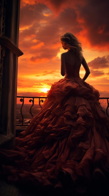 a woman in a red dress looking out at the sunset