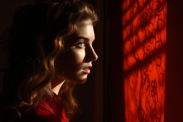 a woman in a red dress looking out of a window