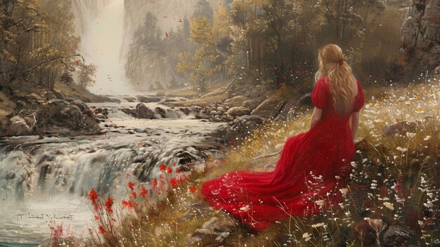 川 の 近く に ある 赤い 服 を 着 た 女性