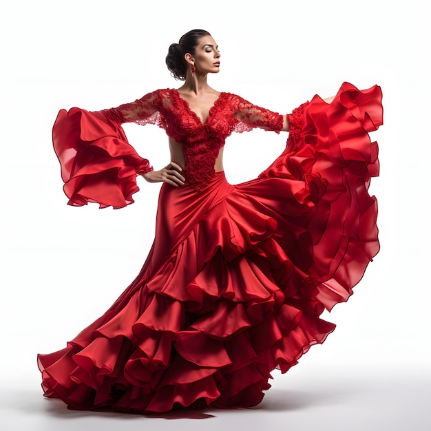 Foto donna in vestito rosso che esegue flamenco