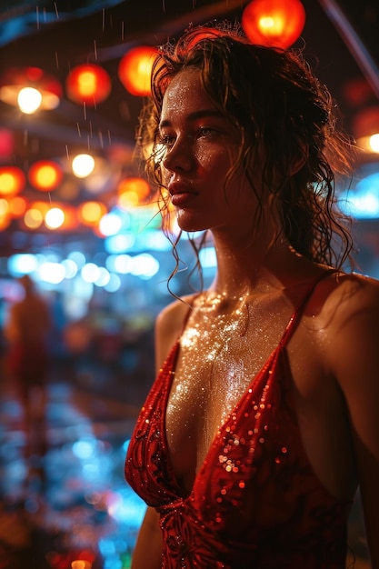 Женщина в красном платье под дождем