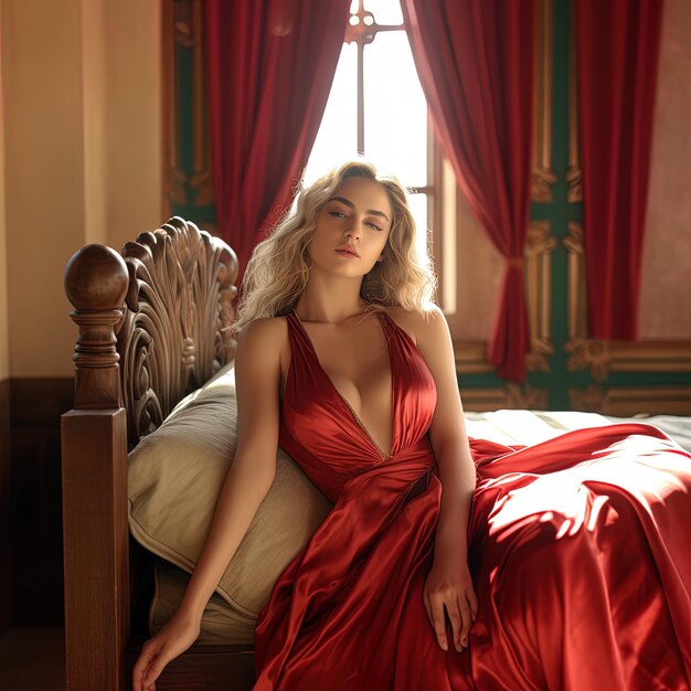 женщина в красном платье сидит на кровати