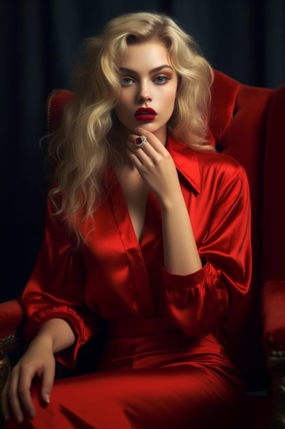 A woman in a red dress sits in a chair