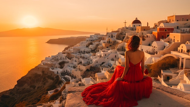 A woman in a red dress sits on a cliff overlooking the sea and the sun is setting.