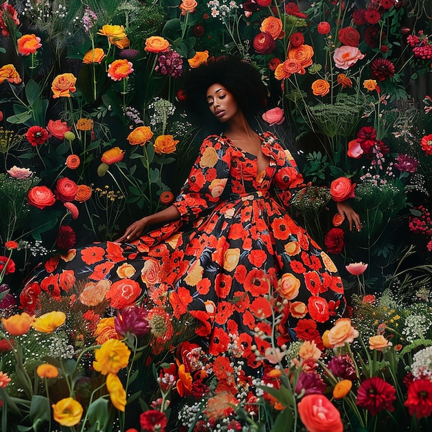 a woman in a red dress sits in a field of flowers