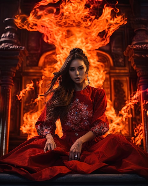 a woman in a red dress sits in front of a fire in front of a building with a fire in the background.