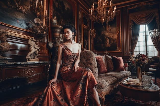 Женщина в красном платье сидит в гостиной с люстрой и люстрой.