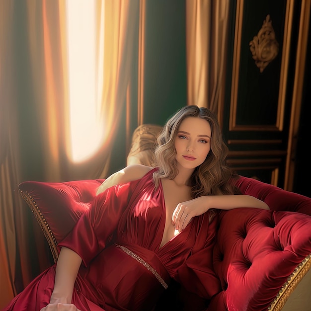 Photo a woman in a red dress sits in a red chair