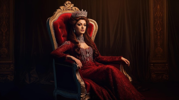 A woman in a red dress sits in a red throne.