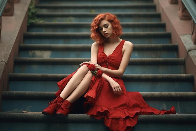 a woman in a red dress sits on a staircase.