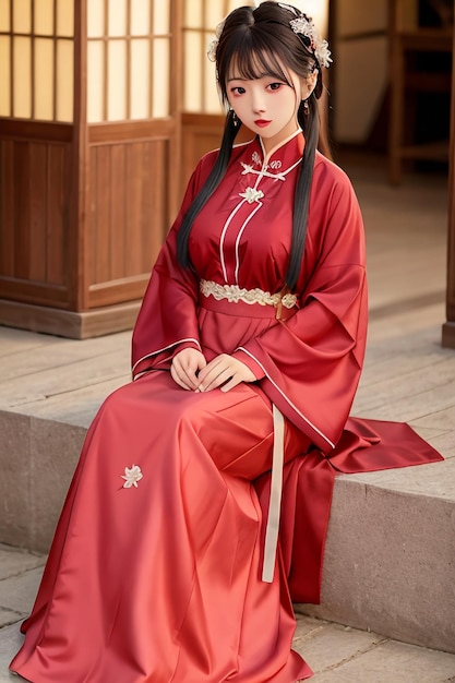 A woman in a red dress sits on a step outside.