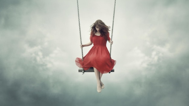 A woman in a red dress sits on a swing in the sky.