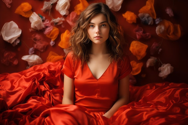 a woman in a red dress sitting on a bed surrounded by flowers