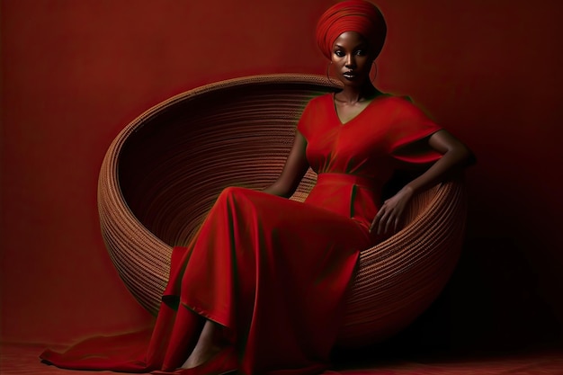 빨간 드레스를 입은 여자가 의자에 앉아 있다