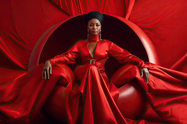 A woman in a red dress sitting in a chair